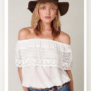 Free People Womens Sm Ibiza White Crochet Off-the-Shoulder Crop Top Popover Boho